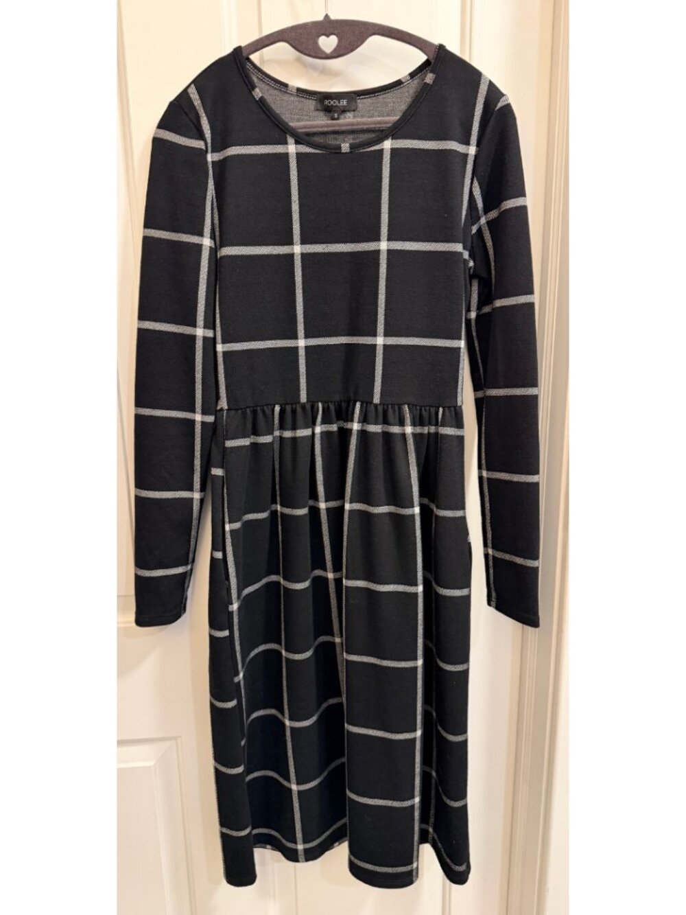 ROOLEE Black White Windowpane Long Sleeve Midi Dress Small
